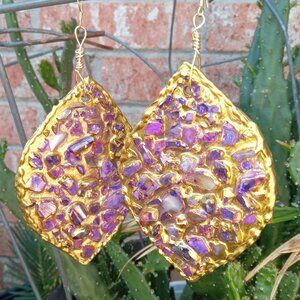 Geode Cluster Purple Metallic Gold Earrings